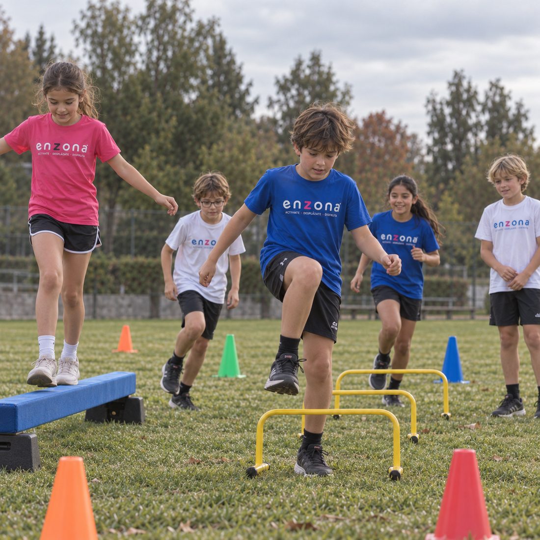 Circuito con viga de equilibrio, vallas y conos montado en la cancha