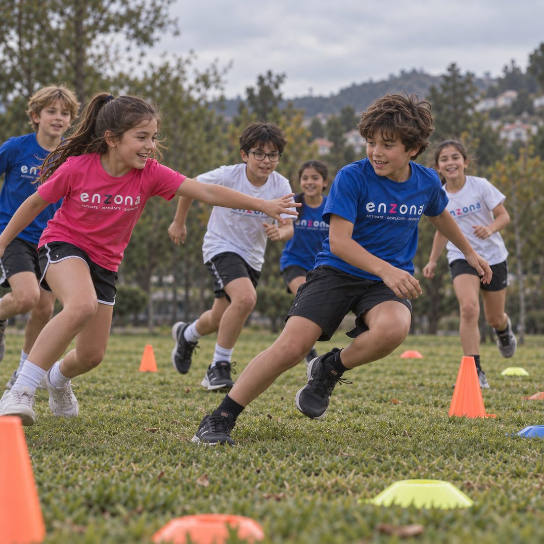 Grupo de niños de Enzona corriendo y esquivando conos en la cancha