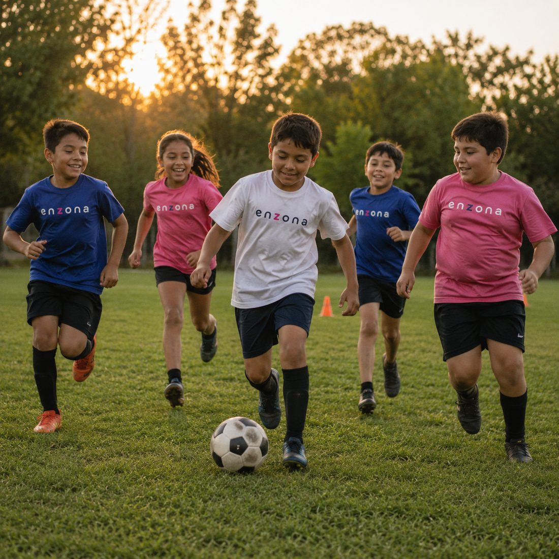 Cinco niños con poleras de Enzona corriendo tras una pelota en el pasto