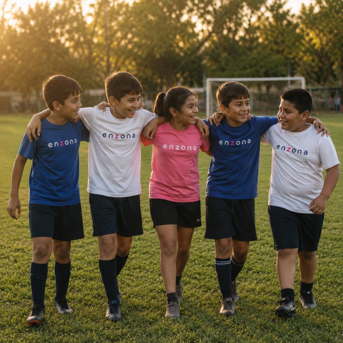 Grupo de niños de Enzona caminando abrazados por la cancha al atardecer